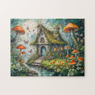 Puzzle Whimsical cottage by Stream with Giant Red Mushroo