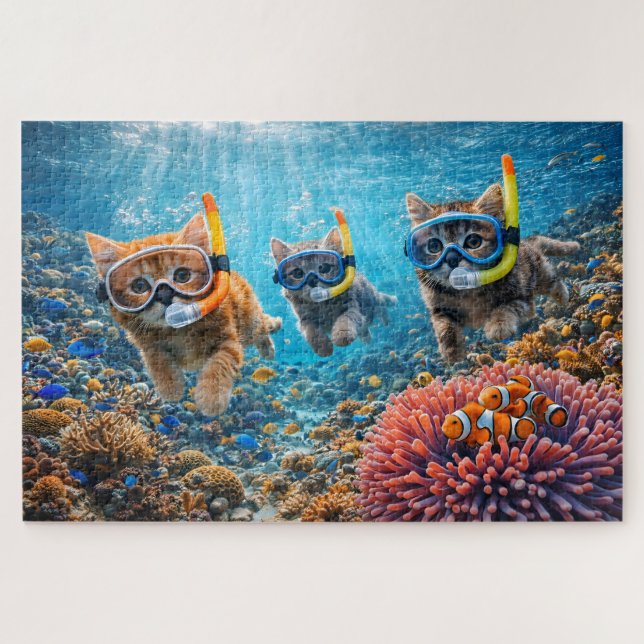 Puzzle Whimsical kittens, snorkelling, underwater coral r (Horizontal)