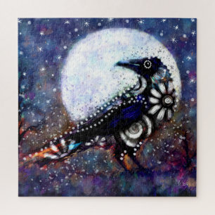 Puzzle Whimsical Raven Lune Floral Noir Blanc Bleu