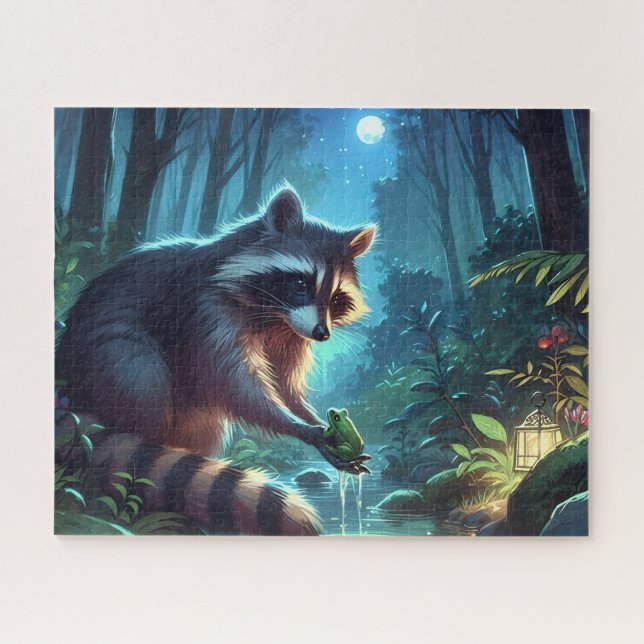 Puzzle Whimssical Midnight Raccoon et Frog Forest River (Horizontal)