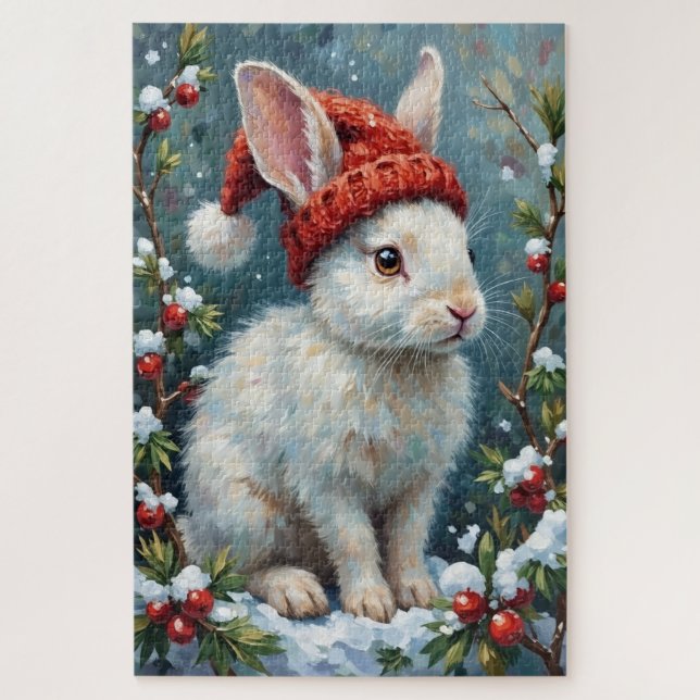 Puzzle White Rabbit in Quiet Winter Berries Hat (Vertical)