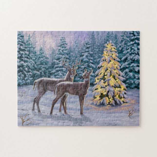 Puzzle Whitetail Deer & Christmas Tree Scene hivernale (Horizontal)