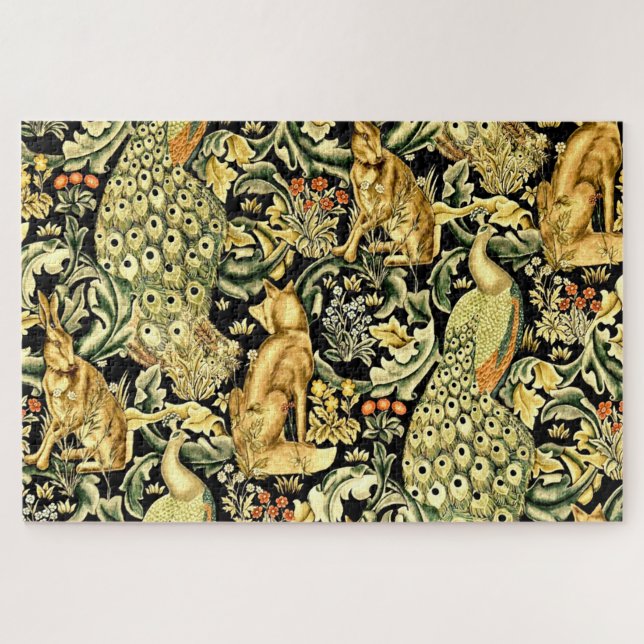 Puzzle William Morris Forêt Tapisserie Fox Hare Peacock (Horizontal)