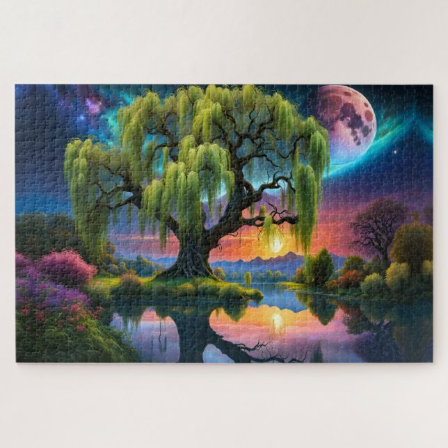 Puzzle Willow tree under Pleine lune N Starry ciel Sunset (Horizontal)