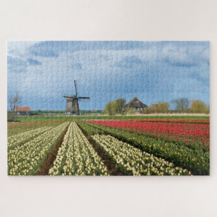 Puzzle Windmill and tulips landscape in Holland