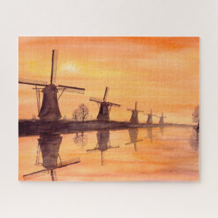 Puzzle Windmills Sunset Watercolor Peinture