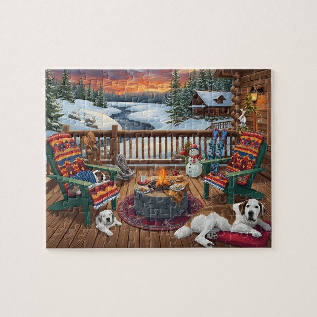 Puzzle Winter Cabin Deck Dogs Fire Pit Snow Scene (Horizontal)