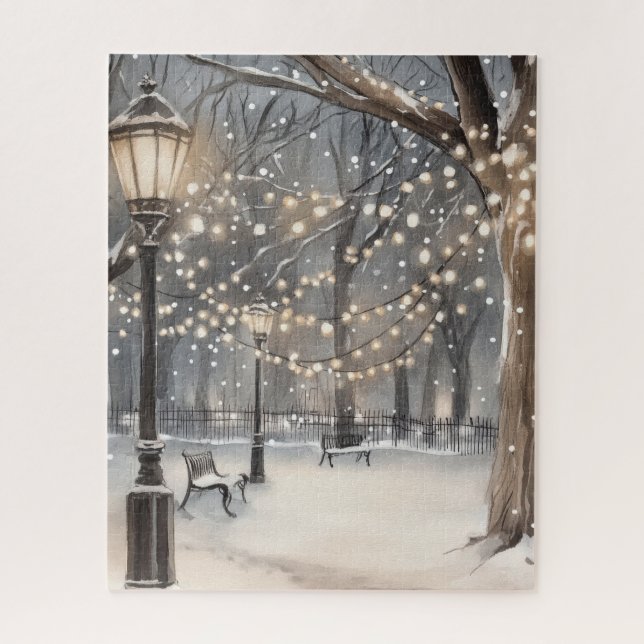 Puzzle Winter Night Snow Park String Lights (Vertical)