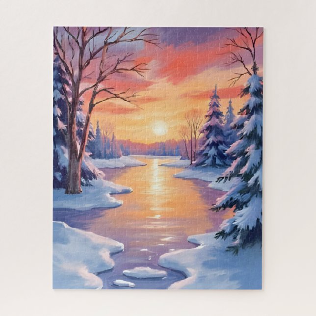 Puzzle Winter River Sunset Landscape Snow Watercolor (Vertical)
