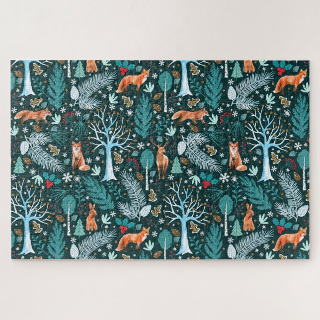 Puzzle Winter Woodland Turquoise/Gold ID785 (Horizontal)