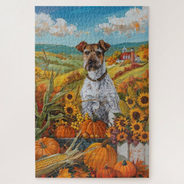 Puzzle Wirefox Terrier Chien Automne Moisson Thankgiving (Vertical)