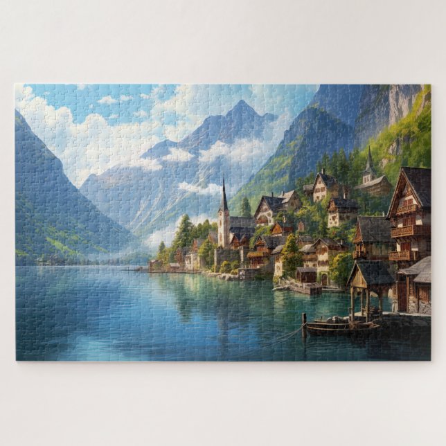 Puzzle with charming village in Alps, Europe. (Horizontal)