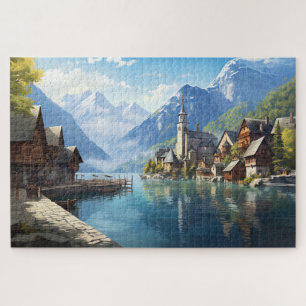 Puzzle with charming village in Alps, Europe.
