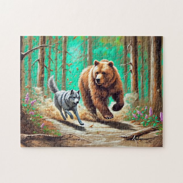 Puzzle Wolf et ours Chase Pastel Chalk Forest Scène (Horizontal)