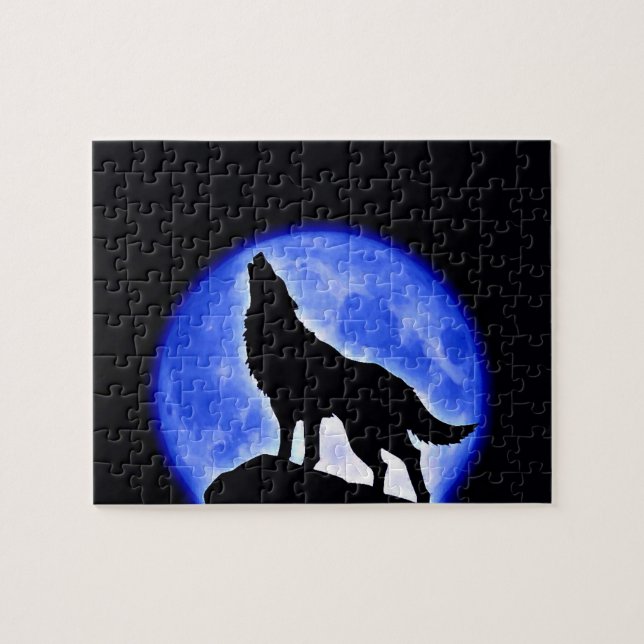 Puzzle Wolf Fullmoon & Blue Night - Wild Animaux Art (Horizontal)