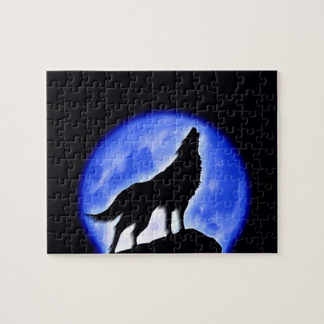 Puzzle Wolf Fullmoon & Blue Night - Wild Animaux Art (Horizontal)