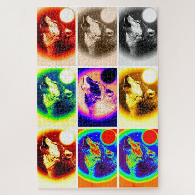 Puzzle Wolf Pop Art Liberté Bleu nuit pleine lune (Vertical)