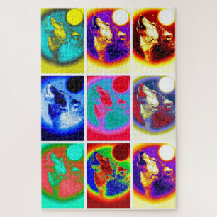 Puzzle Wolf Pop Art Liberté Bleu nuit pleine lune