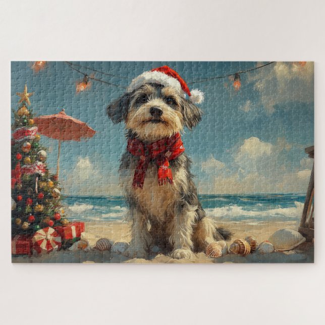 Puzzle Wolfhound Chien Noël Plage Vintage (Horizontal)