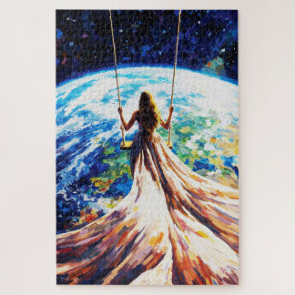 Puzzle Woman on Swing Over Earth Impasto Oil Painting