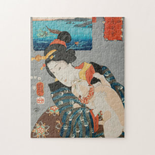 Puzzle Woman playing with Cat Vintage Japanese Print