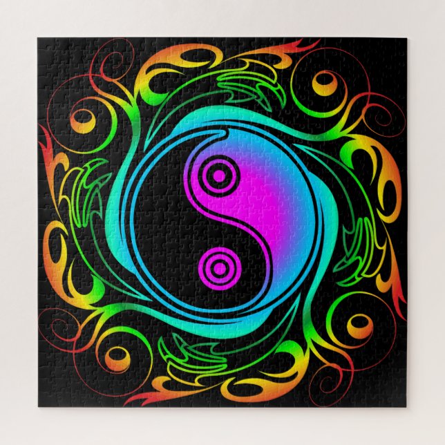 Puzzle Yin Yang Psychedelic Rainbow Tattoo (Vertical)