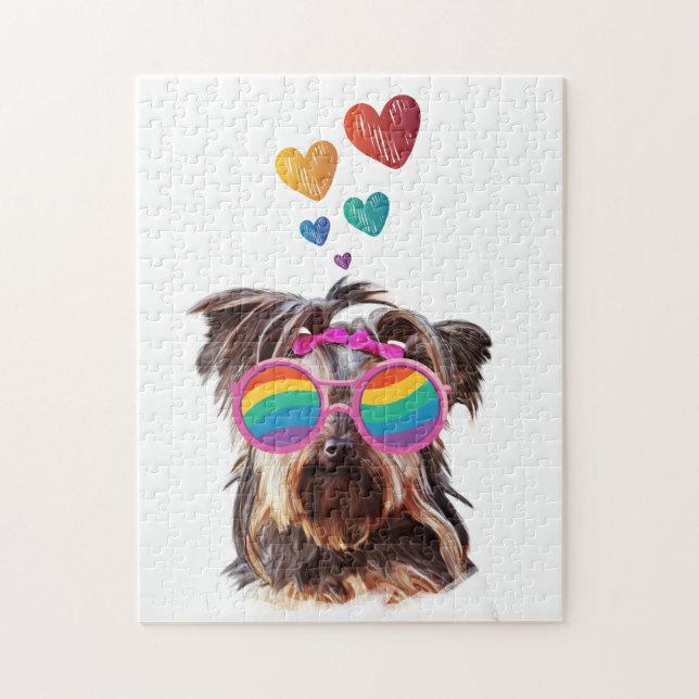 Puzzle Yorkie Chien avec Coeurs Saint-Valentin (Vertical)