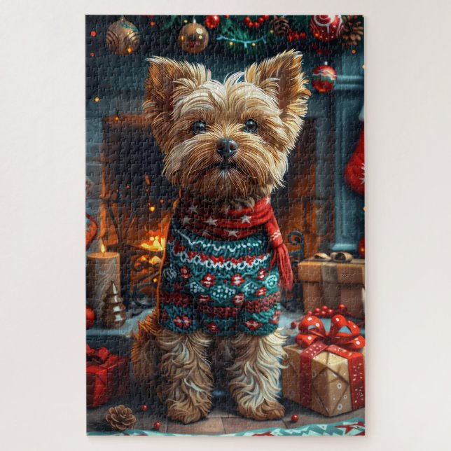 Puzzle Yorkipod Chien avec des cadeaux de Noël cheminée (Vertical)