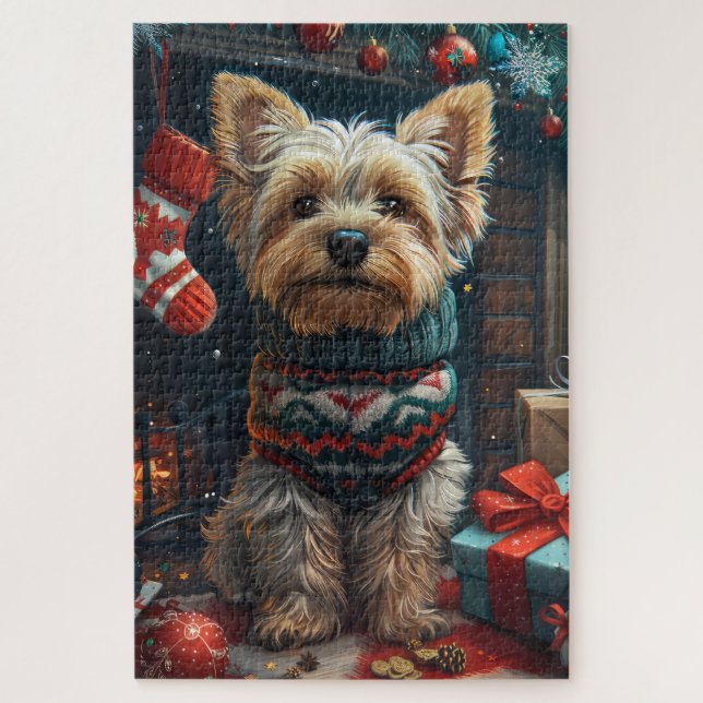Puzzle Yorkshire Terrier Avec Cheminée Cadeaux De Noël (Vertical)
