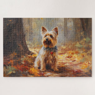 Puzzle Yorkshire Terrier en automne, les feuilles tombées