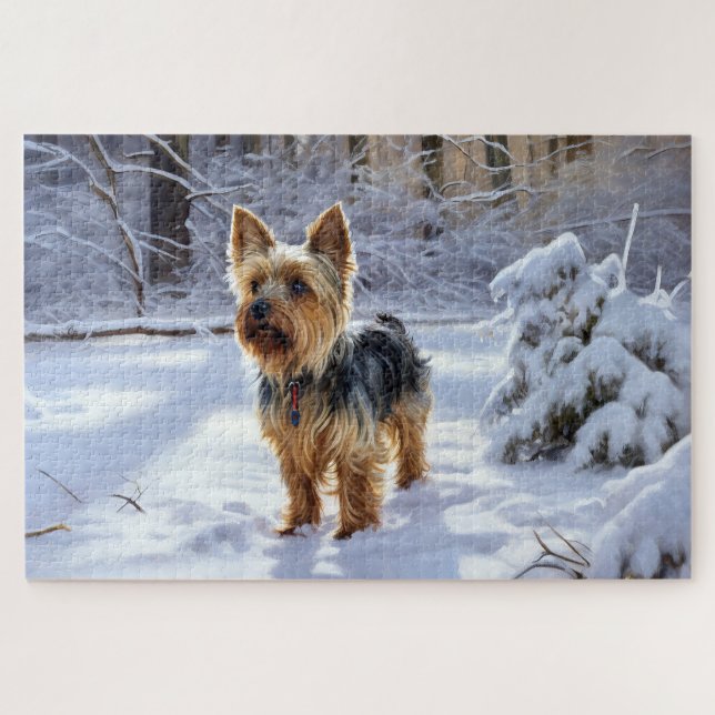 Puzzle Yorkshire Terrier Laisser Neige Noël (Horizontal)
