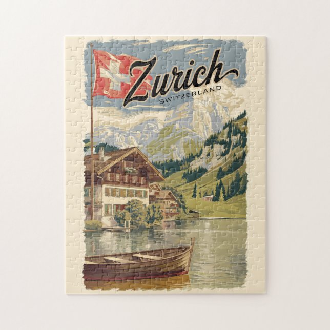 Puzzle Zurich Suisse Art de Voyage peinture Vintage (Vertical)