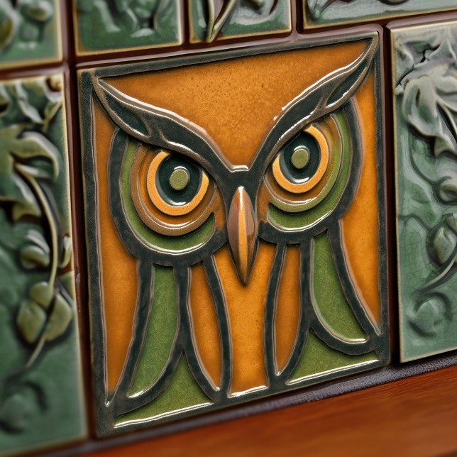 Puzzled Owl in Orange Arts & Crafts Movement Tile (Creator Uploaded)