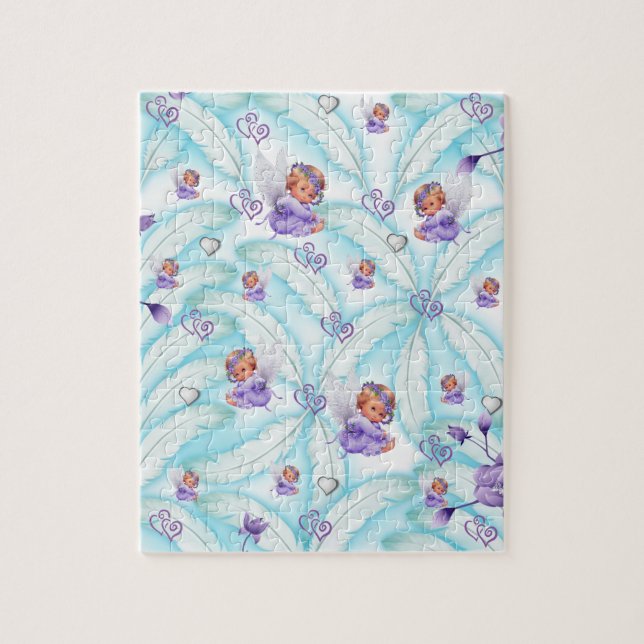 Puzzles Angel Purple Hearts Blue Feathers (Vertical)