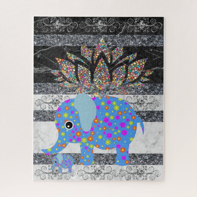 Puzzles Blue Elephant Noir & Marbre blanc Floral (Vertical)