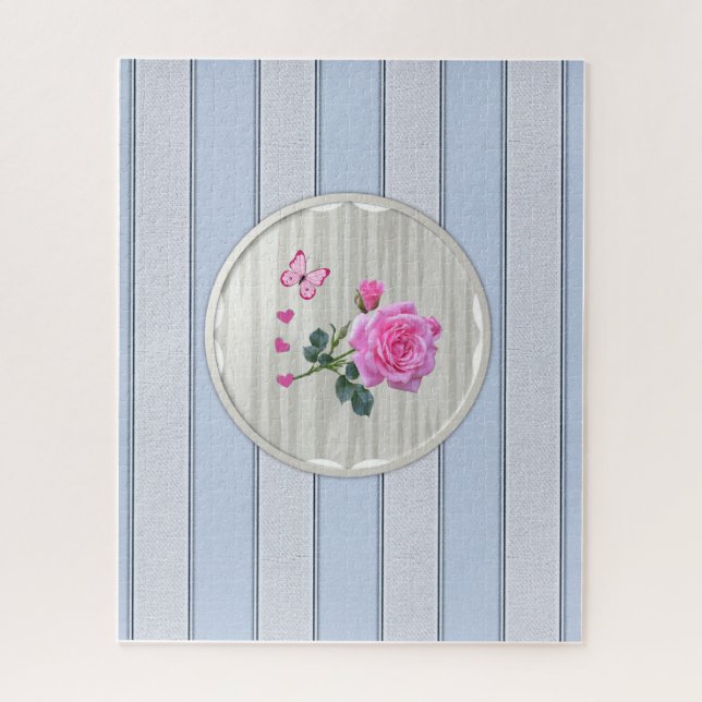Puzzles Blue Stripe Pink Rose Floral (Vertical)