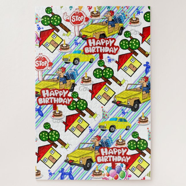 Puzzles Boys Happy Birthday Cars Dogs White (Vertical)