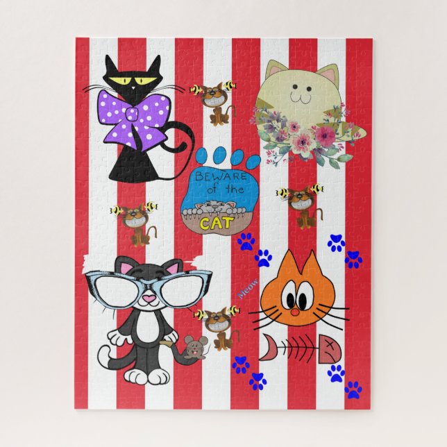Puzzles Chats Chatons Féline Poissons Os Rouge Ban (Vertical)