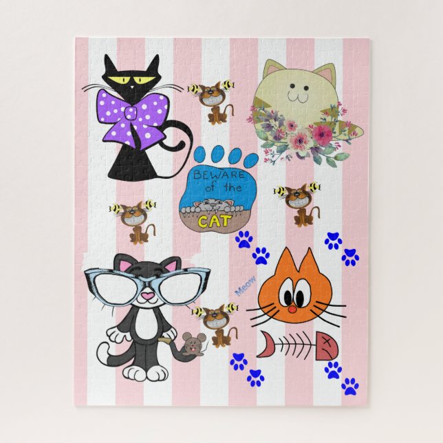 Puzzles Chats Kittens Feline Poissons osBande rose (Vertical)