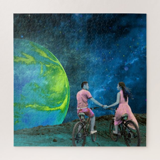 PUZZLES: Couples Bicycle Ride on Moon Outer Space Jigsaw Puzzle (Vertical)
