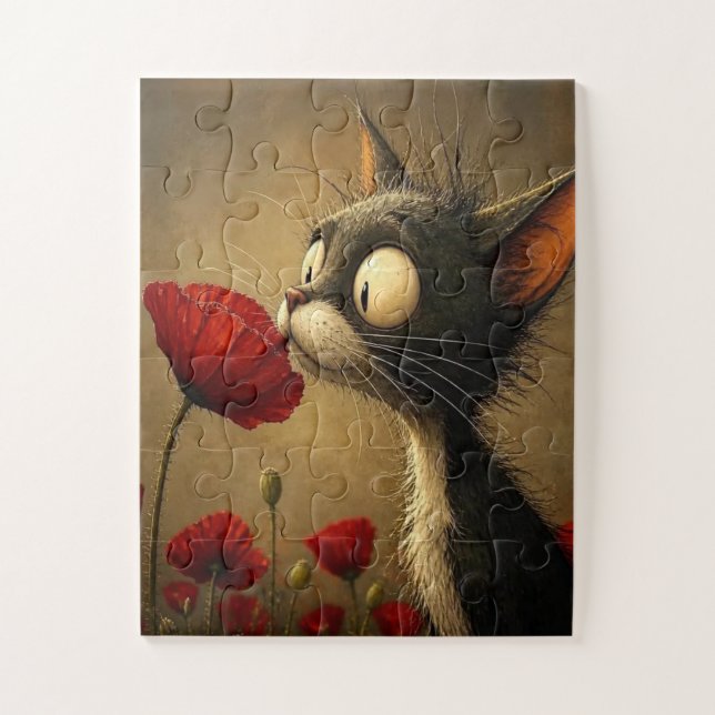 Puzzles Cute Black Cat Red Flower Floral (Vertical)
