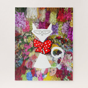 Puzzles Floral Blanc Chat Red Bow Cravate