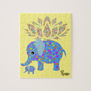 Puzzles Floral Colorful Blue Elephant Yellow