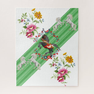 Puzzles Floral Green Stripe White Horse BrownHorse