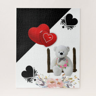 Puzzles Floral White Teddy Bear Red Hearts