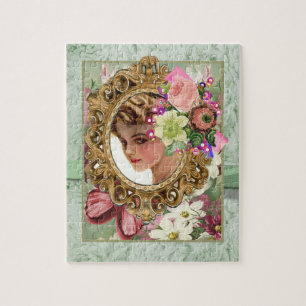 Puzzles Green Pink Victorian Woman Floral