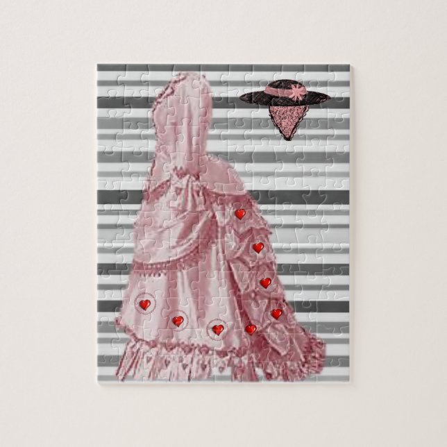 Puzzles Grey Stripe Pink Hearts Dress Victorian (Vertical)