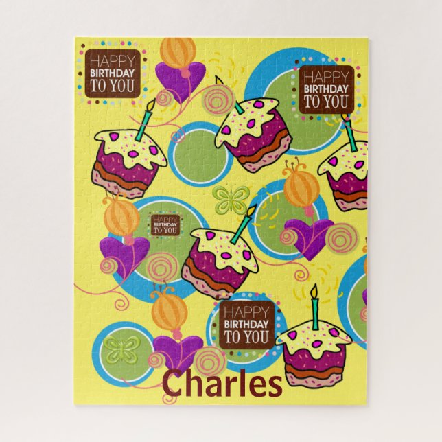 Puzzles Happy Birthday Cupcakes Hearts  (Vertical)