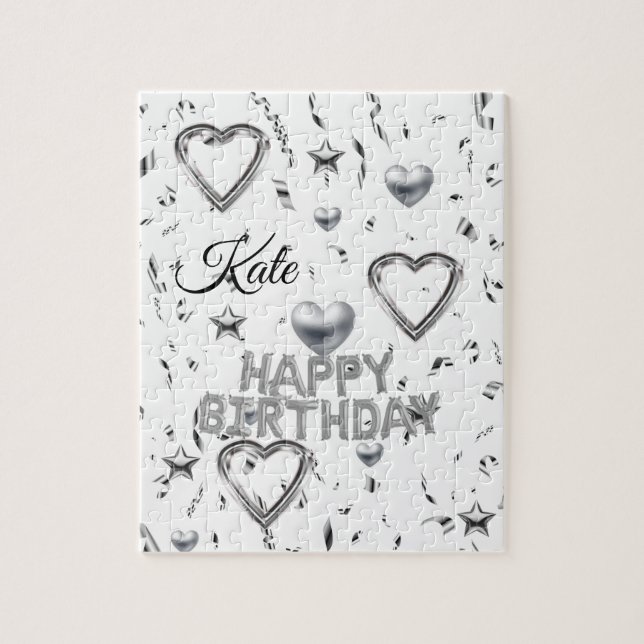 Puzzles Happy Birthday Silver Hearts (Vertical)