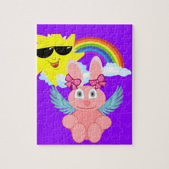 Puzzles lapin rose arc-en-ciel nuages soleil (Vertical)